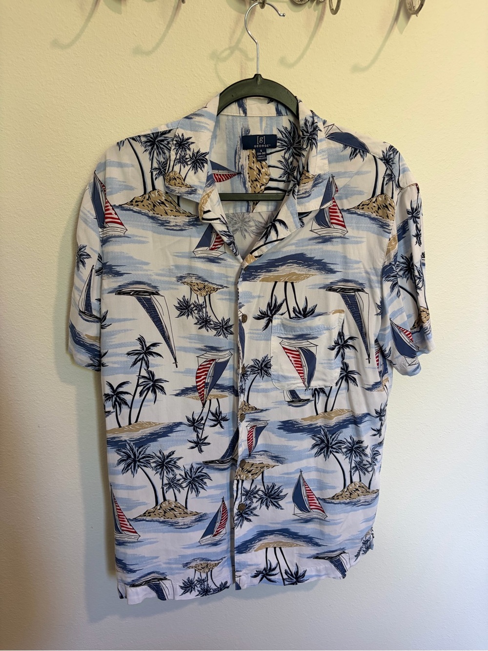 George Light Blue Hawaiian Camp Shirt with Red Sail Accents